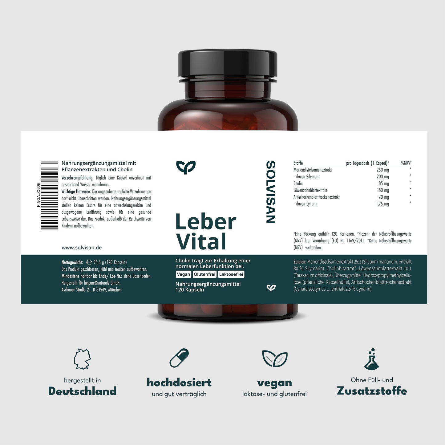 SOLVISAN LEBER VITAL – 4-fach Komplex mit Cholin für eine gesunde Leber. Mit hochwertigem Mariendistel-Extrakt (80 % Silymarin), Artischocken, Löwenzahn und Cholin. 120 Kapseln (4 Monate)