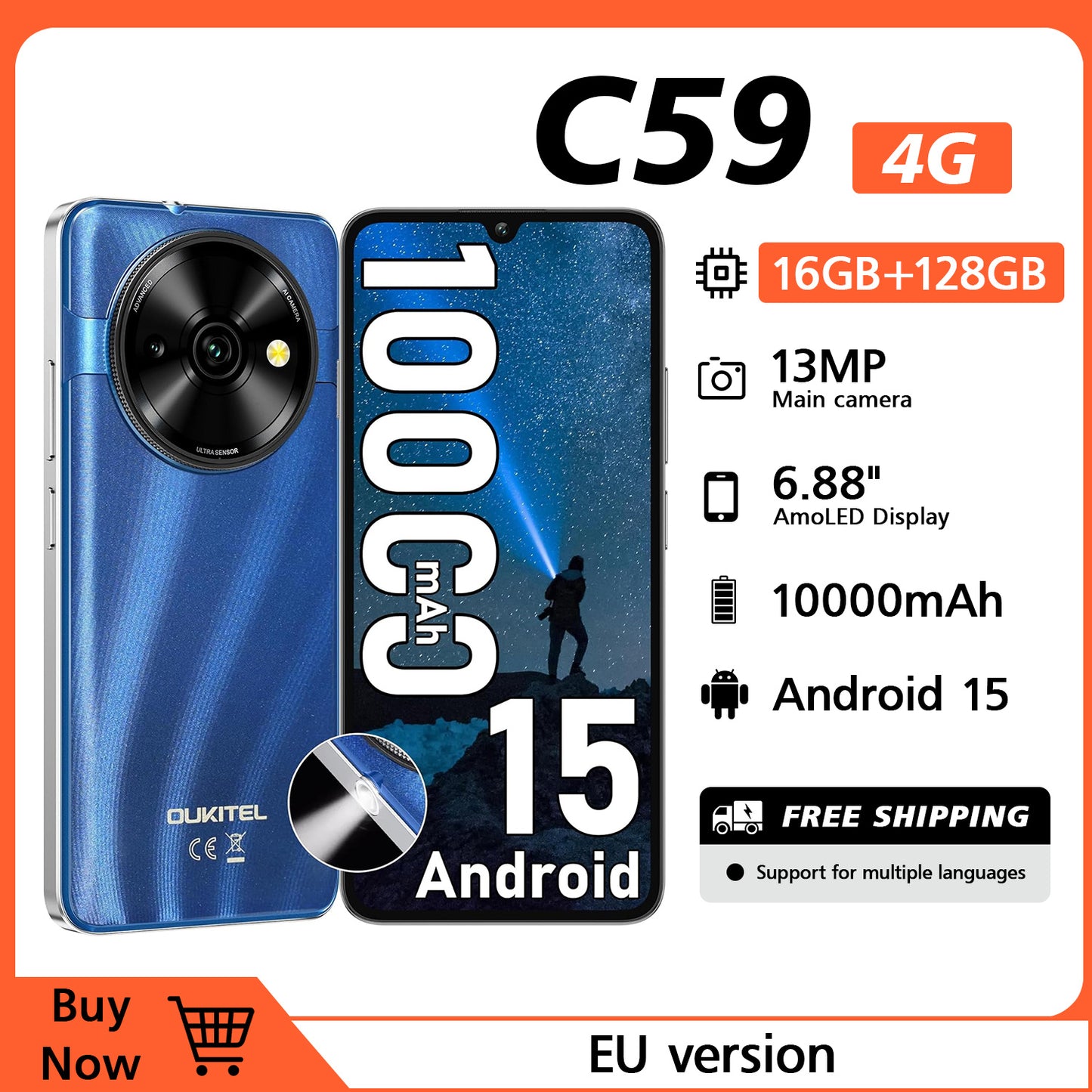 OUKITEL C59 Android Handy, 10000mAh Akku-Smartphone, 6.88" HD+ Entsperrter Mobiltelefon mit 120LM, 16GB(4+12)+128GB/TF 1TB Entsperrter Mobiltelefon, 13MP Kamera, 4G Dual-SIM/Face ID/Fingerabdruck/GPS/Naht