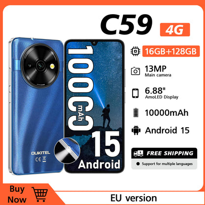 OUKITEL C59 Android Handy, 10000mAh Akku-Smartphone, 6.88" HD+ Entsperrter Mobiltelefon mit 120LM, 16GB(4+12)+128GB/TF 1TB Entsperrter Mobiltelefon, 13MP Kamera, 4G Dual-SIM/Face ID/Fingerabdruck/GPS/Naht