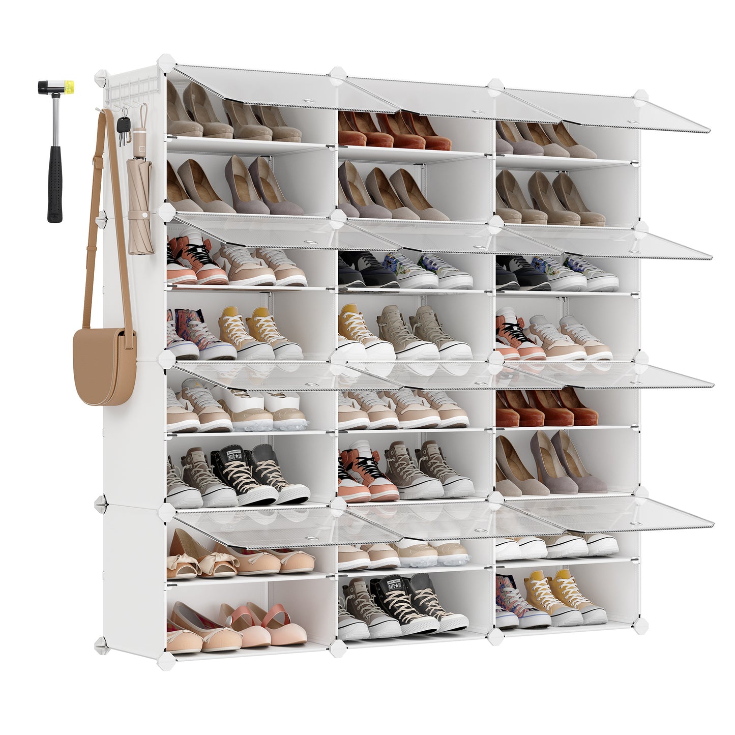 Zusammensteckbares Schuhregal, Schuhaufbewahrungsschrank aus Kunststoff, 12-fach modulare Aufbewahrungsorganisationseinheit, 30 x 40 x 30 cm pro Fach, mit Türen, Stahlrahmen, Kunststoffpaneele, Weiß
