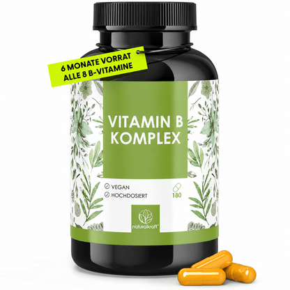 NATURALKRAFT® Premium Vitamin B Komplex - 500 µg B12 & 400 µg Folsäure - 8 B-Vitamine (B1, B2, B3, B5, B6, B7, B9, B12) für Energie, Nervensystem & Stoffwechsel - Vegan & Laborgeprüft - 180 Kapseln