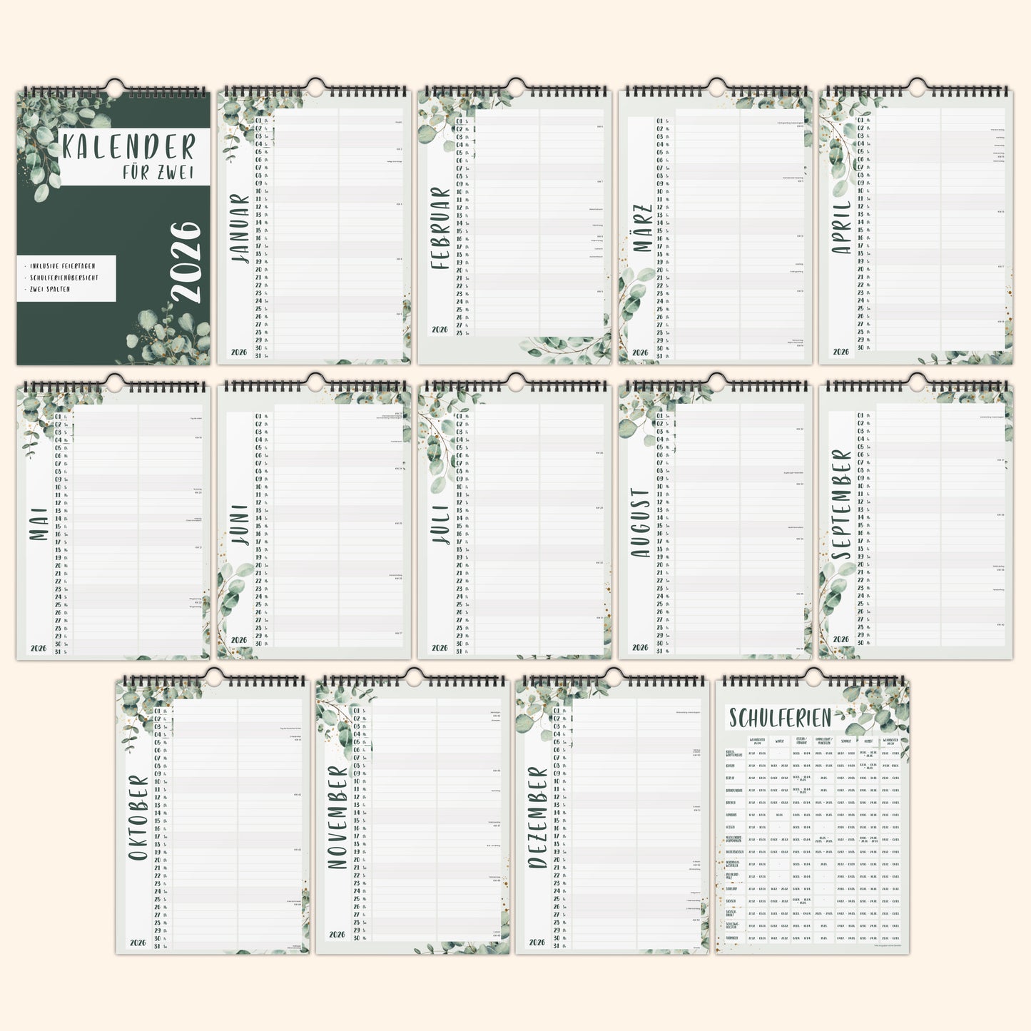 Planer für Zwei (Wandkalender 2026 mit 2 Spalten im A4 Format) - Partnerkalender für Paar - Paarkalender mit zwei Spalten - Kalender zum Aufhängen für zwei Personen (ganzes Jahr)