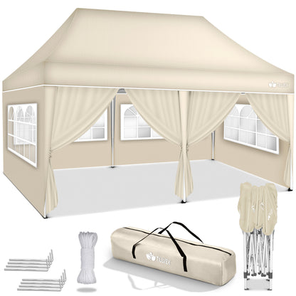 tillvex® Pavillon 3x6m Faltbar + 6x Sandsäcke | Pop-Up Faltpavillon Höhenverstellbar, Winterfest | Gartenzelt Stabil mit und ohne Seitenwänden UV Schutz 50+ | Partyzelt Wasserdicht mit Tasche für Garten