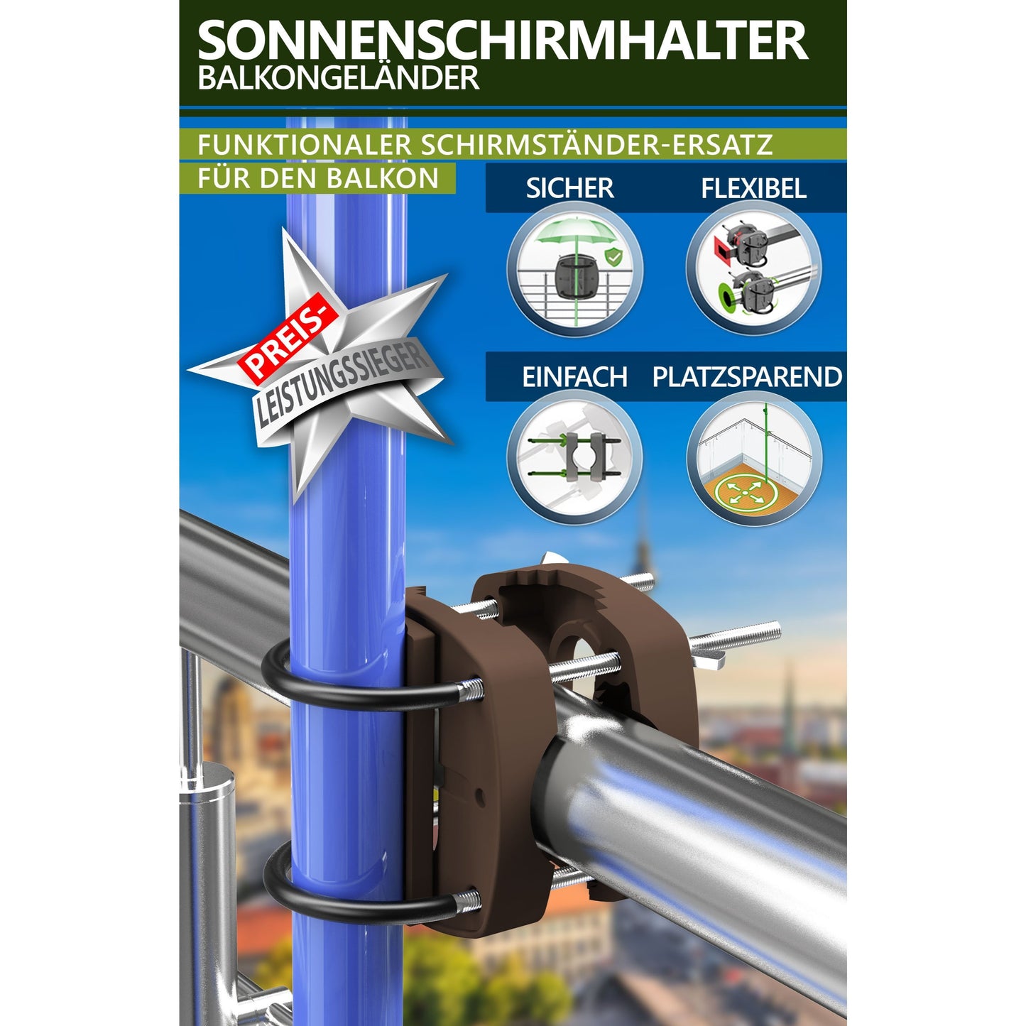 Lindenstein Sonnenschirmhalter Balkongeländer – Funktionale Sonnenschirm Halterung Balkon, Schirmhalterung Balkongeländer ersetzt Sonnenschirmständer Balkon – Flexibel montierbar (Anthrazit/Schwarz/Taupe/Sandbraun)