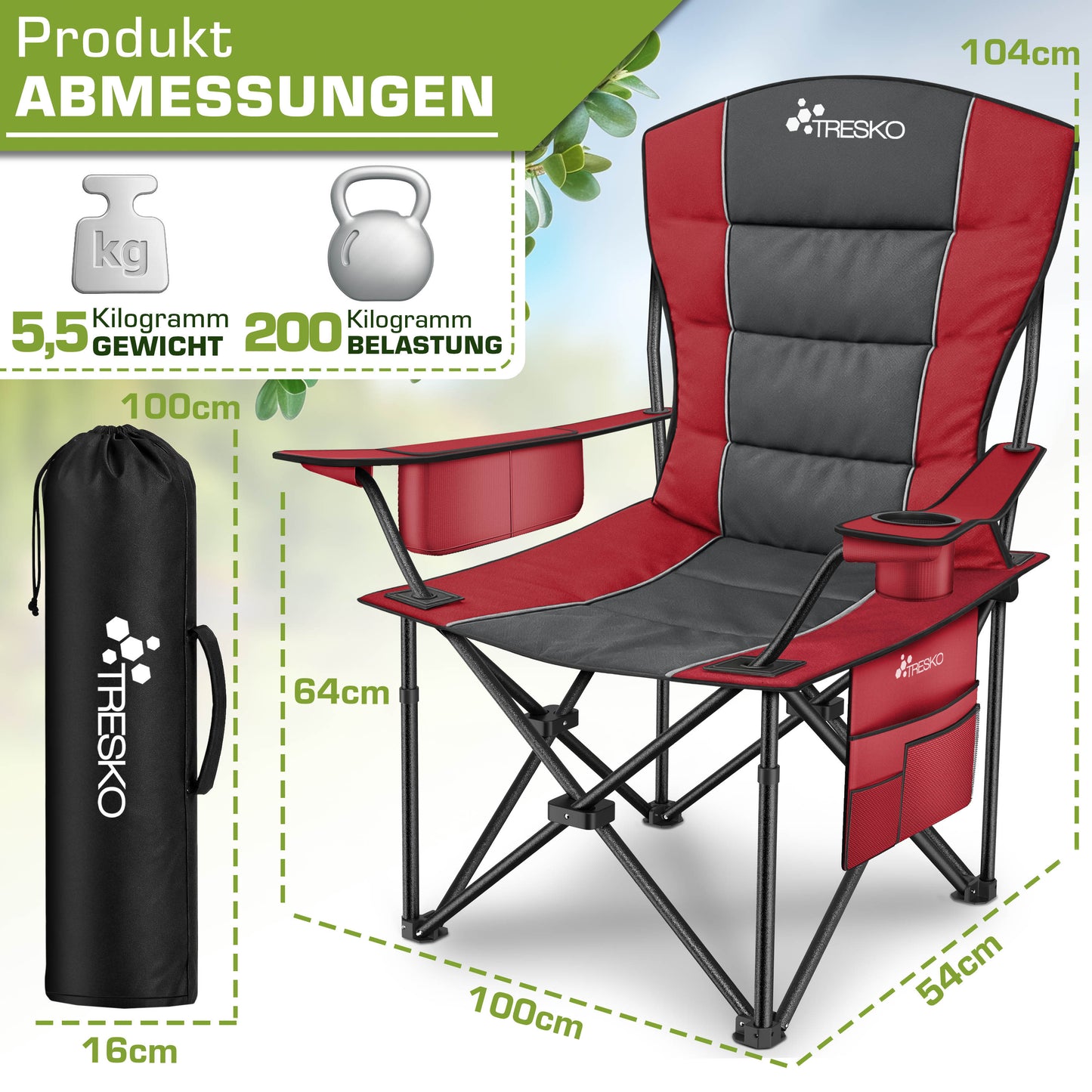 TRESKO® Campingstuhl Faltbar bis 200kg | Faltstuhl mit Kühltasche, Getränkehalter & Seitentasche | Klappstuhl XXL inkl. Tragetasche | Angelstuhl gepolstert für Outdoor, Angeln, Festival & Garten