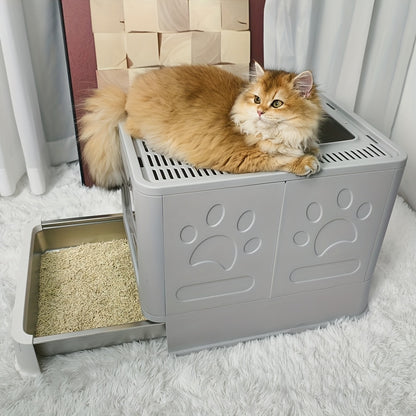 Eine Katzenbox aus Edelstahl mit Eingang vorne und Ausgang oben, entwickelt für einfache Reinigung, geeignet für Katzen und andere Haustiere