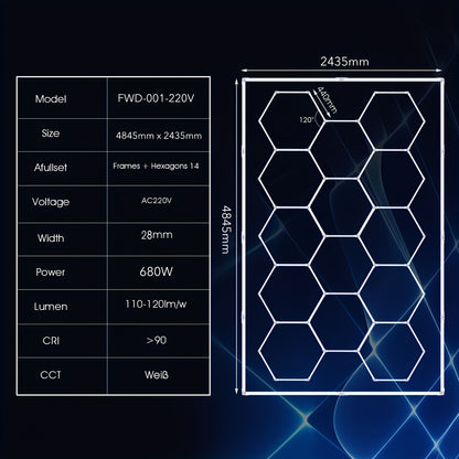 14er-Pack Sechseckige LED-Leuchten mit Rändern – Garagenleuchten, 680W 72420LUMEN Kaltweißes Licht 6500K, Sechseckige LED-Deckenbeleuchtung für Garage, Studio, Lager, Autopflegewerkstatt