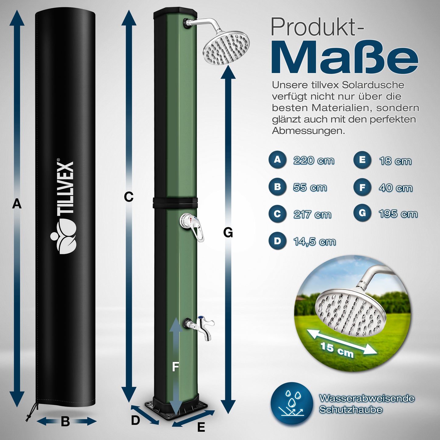 tillvex® Solardusche 20 - 60 Liter inkl. Abdeckung Solar Gartendusche Solar für draußen Pooldusche Komplettset warmes Wasser Camping ohne Stromanschluss mit Wasserhahn Gartenschlauch-Anschluss