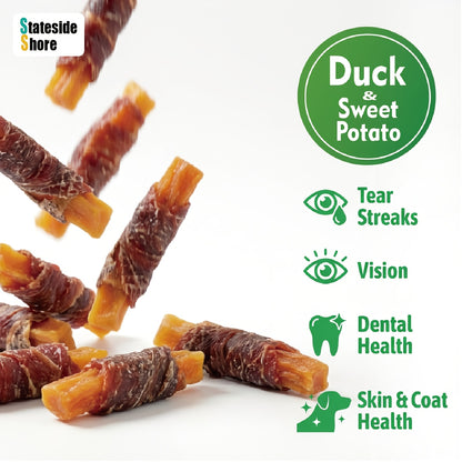 Echte Entenbrust & Süßkartoffel Hundeleckerlis - Getreidefrei, Fettarm, Rohlederfrei, Für Alle Rassen Geeignet, Leicht Verdauliche Trainingsbelohnungen mit Entenfleisch & Süßkartoffelsnacks für Empfindliche Mägen