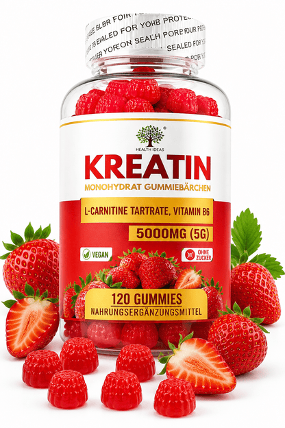 Kreatin-Monohydrat-Erdbeer-Gummibärchen 5000 mg (5 g) pro Portion – 120 vegane Erdbeer-Gummibärchen – Mit L-Carnitin-Tartrat und Vitamin B6 – Zuckerfreies Nahrungsergänzungsmittel für Erwachsene – Leicht zu kauende Tagesformel – Praktische Alternative zu