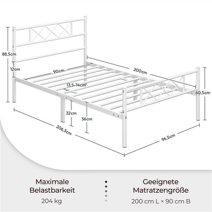 Costoffs Metallbett Einzelbett mit Lattenrost Moderner Bettrahmen mit Kopfteil 200 cm L × 90 cm B