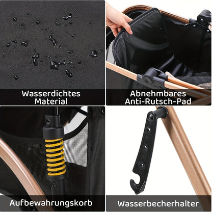 Hundekinderwagen, faltbarer Haustierwagen, 3-in-1 Hund Katze Kinderwagen mit Aufbewahrungskorb Netzfenster Getränkehalter, 360° verschleißfeste Gummiräder Hund Reisegefährt, für kleine Hunde und Katzen