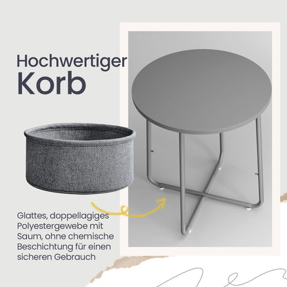 Couchtisch klein,Beistelltisch rund, kleiner Tisch, Wohnzimmertisch mit Stoffkorb, Stauraum für Wohnzimmer Schlafzimmer