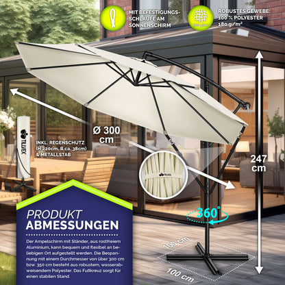 tillvex® Sonnenschirm Alu + Abdeckung + Windschutz Ø 300 cm mit Kurbel Ampelschirm Groß mit Ständer & Windschutz Gartenschirm UV-Schutz Aluminium Kurbelschirm Marktschirm wasserdicht 360° drehbar Terrasse Garten Balkon