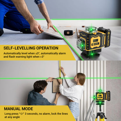 CONENTOOL A 16-Linien-Laser-Wasserwaage-Set, 360° Selbstnivellierung, 4X360° Grünes Kreuzfeuer-Laser-Wasserwaage, Geeignet für Bau und zum Aufhängen von Gemälden, 4D Laser-Wasserwaage, Inklusive zwei 2400mAh/3600mAh USB-wiederaufladbaren Batterien