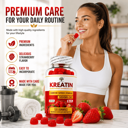Kreatin-Monohydrat-Erdbeer-Gummibärchen 5000 mg (5 g) pro Portion – 120 vegane Erdbeer-Gummibärchen – Mit L-Carnitin-Tartrat und Vitamin B6 – Zuckerfreies Nahrungsergänzungsmittel für Erwachsene – Leicht zu kauende Tagesformel – Praktische Alternative zu