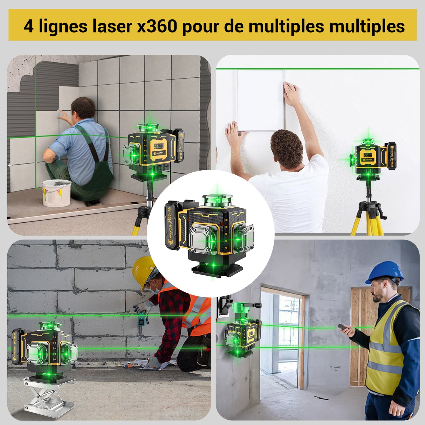CONENTOOL A 16-Linien-Laser-Wasserwaage-Set, 360° Selbstnivellierung, 4X360° Grünes Kreuzfeuer-Laser-Wasserwaage, Geeignet für Bau und zum Aufhängen von Gemälden, 4D Laser-Wasserwaage, Inklusive zwei 2400mAh/3600mAh USB-wiederaufladbaren Batterien