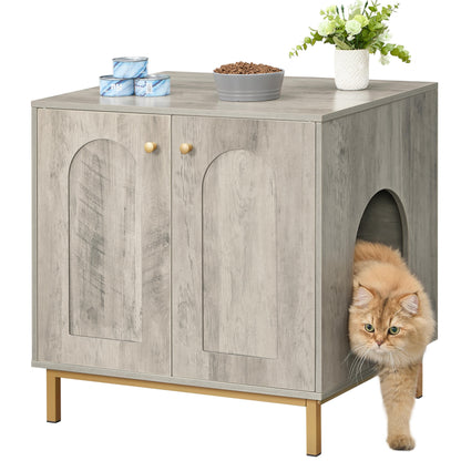 Katzenaufbewahrung, Katzenabfallbehälter, Katzenabfallaufbewahrung, Haustierunterkunft mit Eingang, Holzbeistelltisch für die Haustierunterkunft, Abmessungen 60 x 50 x 60 cm, Robuste Katzenaufbewahrung, Erhältlich in Grau und Gold, Schwarz und Gold
