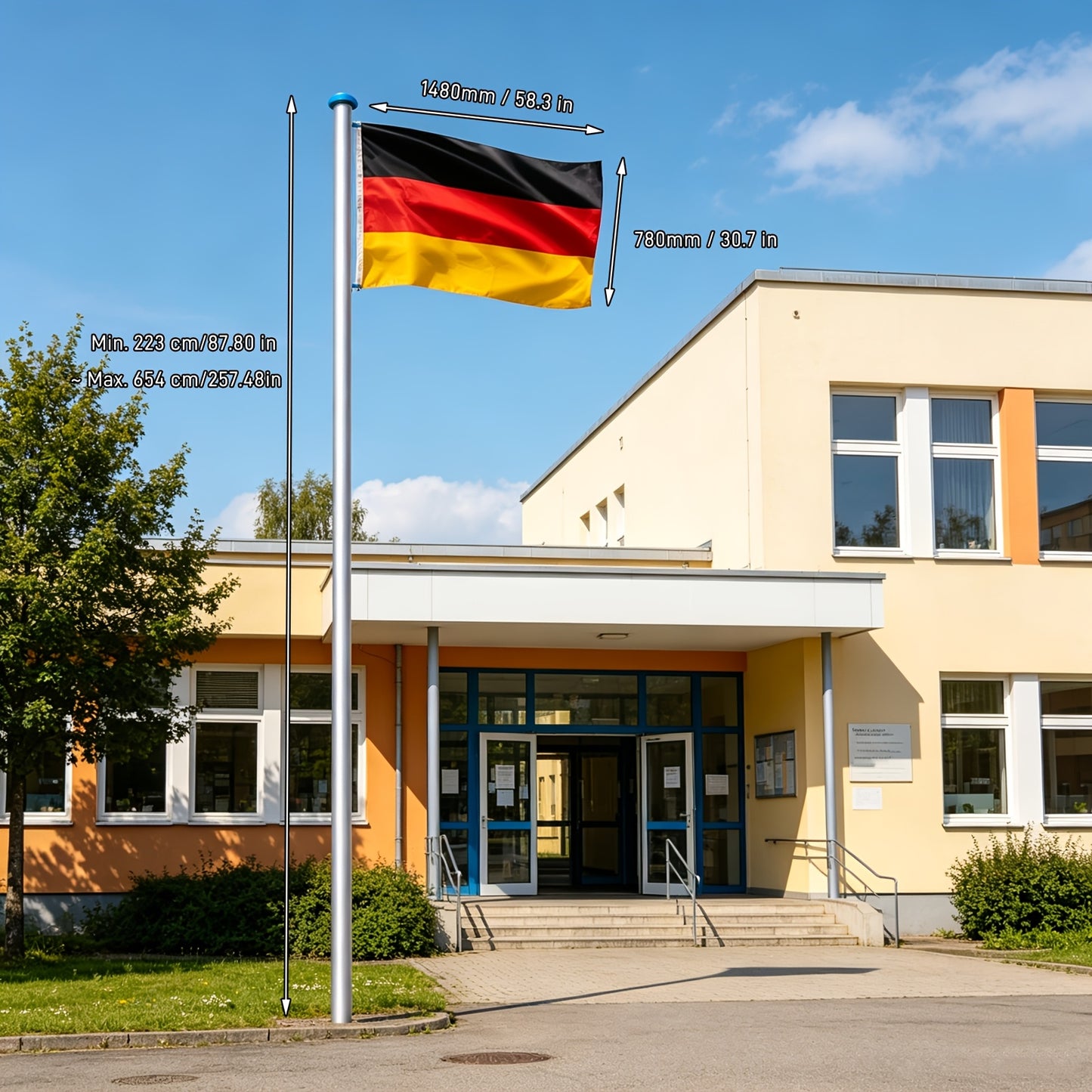 6,54/223 cm Aluminium-Fahnenmast mit Erdungsaufsatz, inklusive Deutschlandflagge, Außen-Display-Fahnenmast 1480 × 780 mm