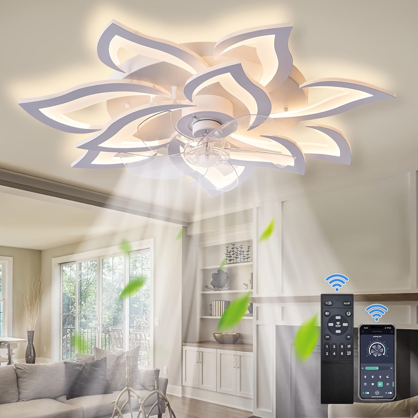 Geometrischer Deckenventilator mit Licht  Fernbedienung, 6 Geschwindigkeiten, 3 Farben, weiße flache Deckenleuchte für Küche, Schlafzimmer, Wohnzimmer
