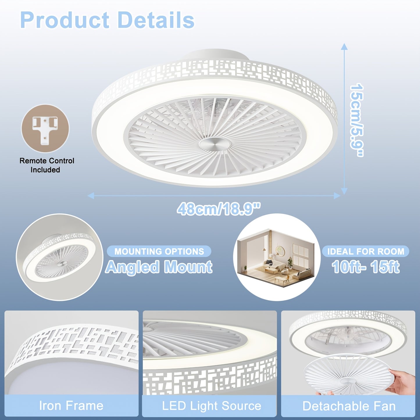 48,26 cm moderner Deckenventilator mit Licht, 6 Geschwindigkeiten, umkehrbarer flacher Deckenventilator mit Licht, 3CCT dimmbarer Einbau-Deckenventilator mit LED-Licht, zeitgesteuerter Deckenventilator mit Licht  Fernbedienung für Wohnzimmer, Küche, Schla