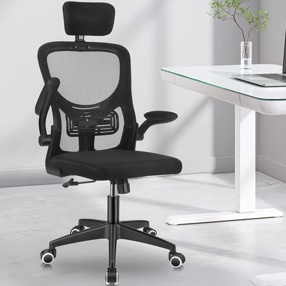 Ergonomischer weißer Netzstoff-Bürostuhl mit verstellbarer Kopfstütze, Verstellfunktion, 10 cm Höhenverstellung, 360° Drehfunktion, 90° hochklappbaren Armlehnen  Schaukelmodus für verbesserten Komfort