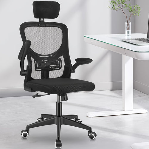 Ergonomischer weißer Netzstoff-Bürostuhl mit verstellbarer Kopfstütze, Verstellfunktion, 10 cm Höhenverstellung, 360° Drehfunktion, 90° hochklappbaren Armlehnen  Schaukelmodus für verbesserten Komfort