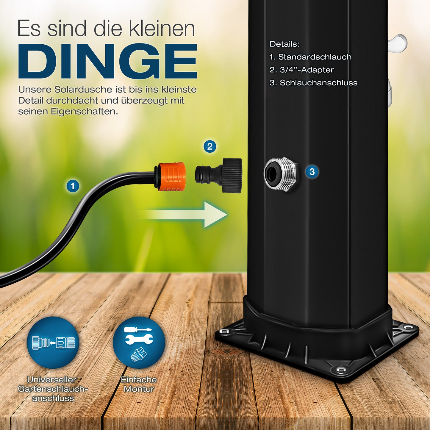 tillvex® Solardusche 20 - 60 Liter inkl. Abdeckung Solar Gartendusche Solar für draußen Pooldusche Komplettset warmes Wasser Camping ohne Stromanschluss mit Wasserhahn Gartenschlauch-Anschluss