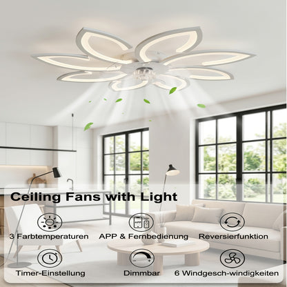 Deckenventilator im Blumenmuster (mit Beleuchtung und Fernbedienung), einstellbare LED-Leuchte, 6 Windgeschwindigkeitsstufen; geeignet für Wohnzimmer und Schlafzimmer; Weiß, 90 cm