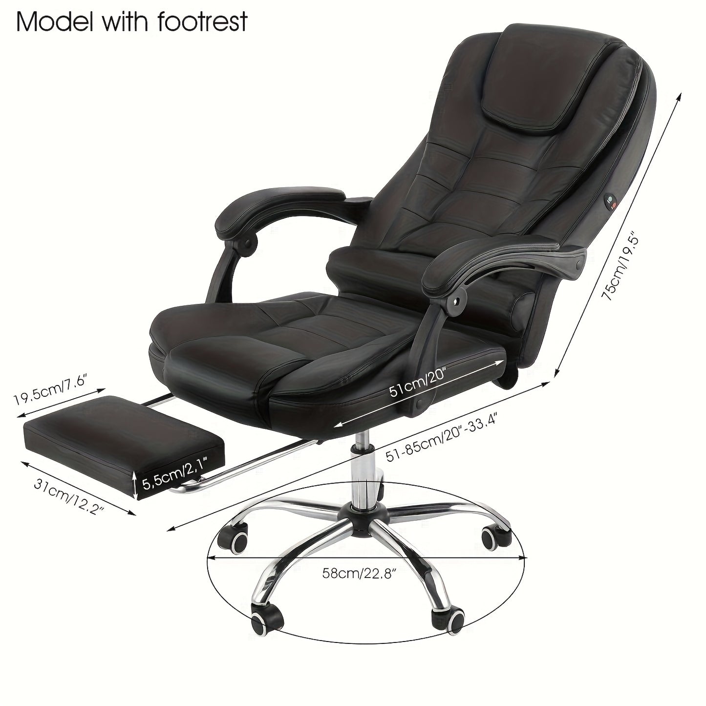 Executive Bürostuhl mit Fußstütze & Lendenwirbelstütze, ergonomischer Liegestuhl, Computer Schreibtischstuhl, verstellbarer Rückenlehne, robust, 360° drehbar für Home Office (Schwarz)