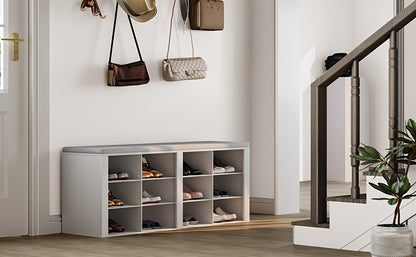 Schuhbank, Schuhregal mit Sitz, Bank mit Stauraum, Kissen, 12 Fächer, für Wohnzimmer, Flur, Schlafzimmer, Weiß-Grau