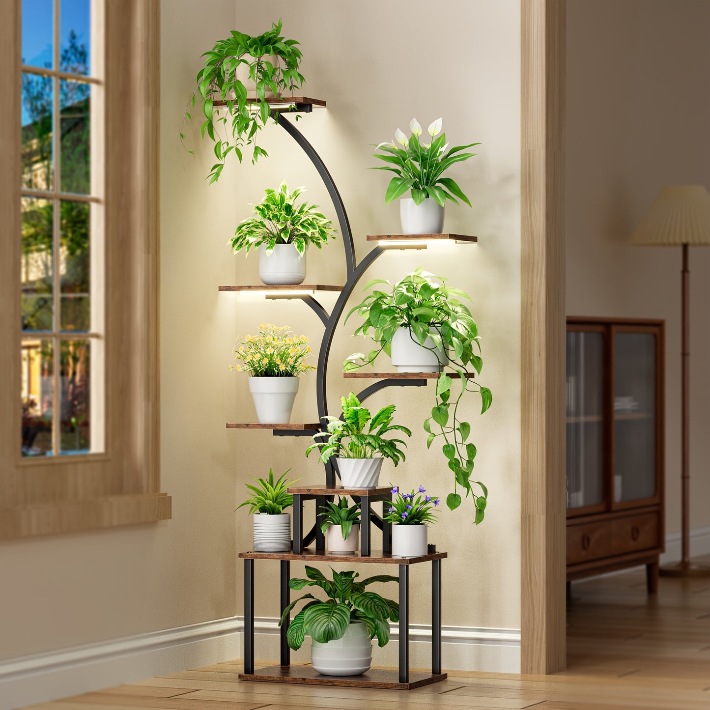Zimmerpflanzenständer mit Pflanzenlampe, einteiliges 8-Etagen-Regal, multifunktionales Metall-Präsentationsgestell für Pflanzen, Dekoartikel usw., 157 cm hoher gabelverzweigter Ständer, geeignet für verschiedene Szenarien wie Wohnzimmer, Pflanzenräume, Gä