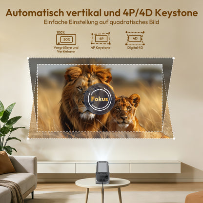 XGODY 2026 Tragbarer Projektor, mit Android 14, Dual WiFi6, 340 ANSI Lumen Helligkeit, Native 1280x720P HD, 4K Unterstützung, Geräuscharm, Flexibler 180° Projektionswinkel, Heimkino Mini Projektor