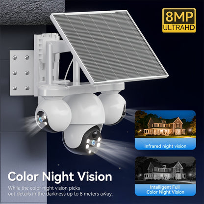 8MP WLAN Solarbetriebene Überwachungskamera für Außenbereich mit Dreilinsen- und Drei-Blick-Funktion, CCTV Videoüberwachung, PTZ 360° Pan/Tilt-Rotation, Bewegungserkennung, PIR-Menschlicherkennung, Zwei-Wege-Audio, Vollfarb-Nachtsicht, Alarm-Push-Benachri