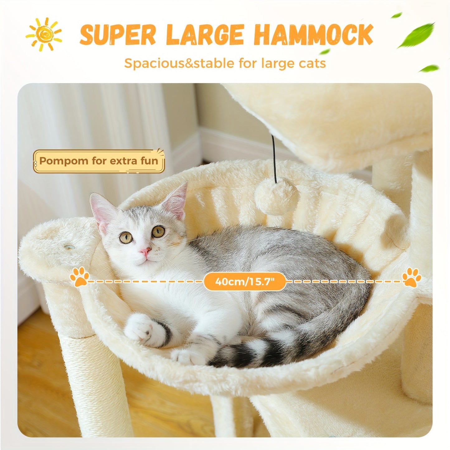 PAWZ ROAD Kratzbaum für Hauskatzen 104cm mit 2 Geräumigen Höhlen, Katzenhaus mit Bequemer Hängematte, Gepolsterter Sitzstange und Abnehmbarem Spielball