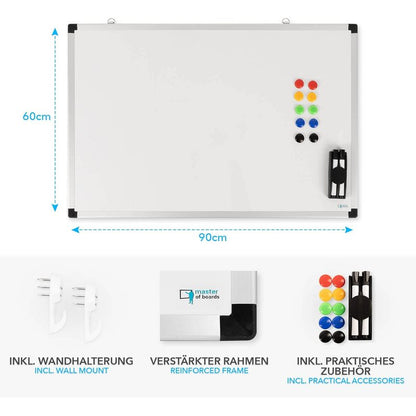 Whiteboard Magnettafel – Magnetisches Memoboard mit Alurahmen in Silber oder Schwarz, inkl. Stiftablage – Trocken abwischbare Schreibtafel für Büro, Home-Office & Schule