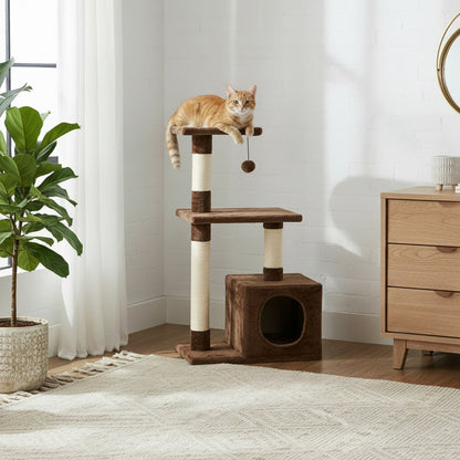 belviona Kratzbaum 85 cm hoch, mit Höhle, Sisalstämmen zur Krallenpflege, 2 Liegeflächen, Plüschball mit Glöckchen, kompakt, stabil, geeignet für kleine und große Katzen