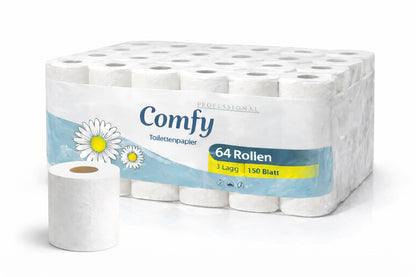 64 Rollen Toilettenpapier -1/2/3 x 64er Pack, Comfy , 3-lagig, Zellstoff weiß, 150 Blatt je Rolle , Hochwertige Zellulose, schnell abbaubar, 1 Stück, 2 Stück, 3 Stück