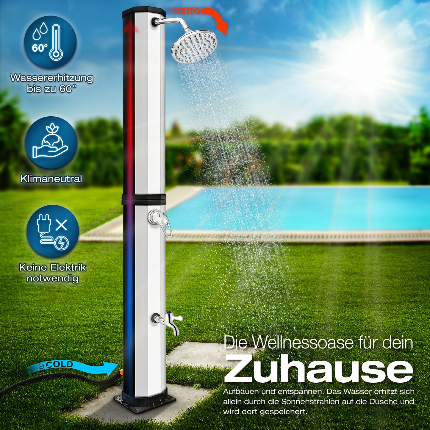 tillvex® Solardusche 20 - 60 Liter inkl. Abdeckung Solar Gartendusche Solar für draußen Pooldusche Komplettset warmes Wasser Camping ohne Stromanschluss mit Wasserhahn Gartenschlauch-Anschluss