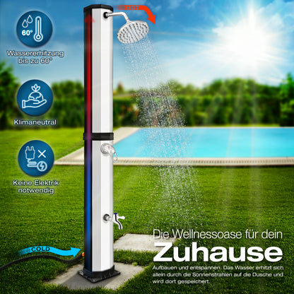 tillvex® Solardusche 20 - 60 Liter inkl. Abdeckung Solar Gartendusche Solar für draußen Pooldusche Komplettset warmes Wasser Camping ohne Stromanschluss mit Wasserhahn Gartenschlauch-Anschluss