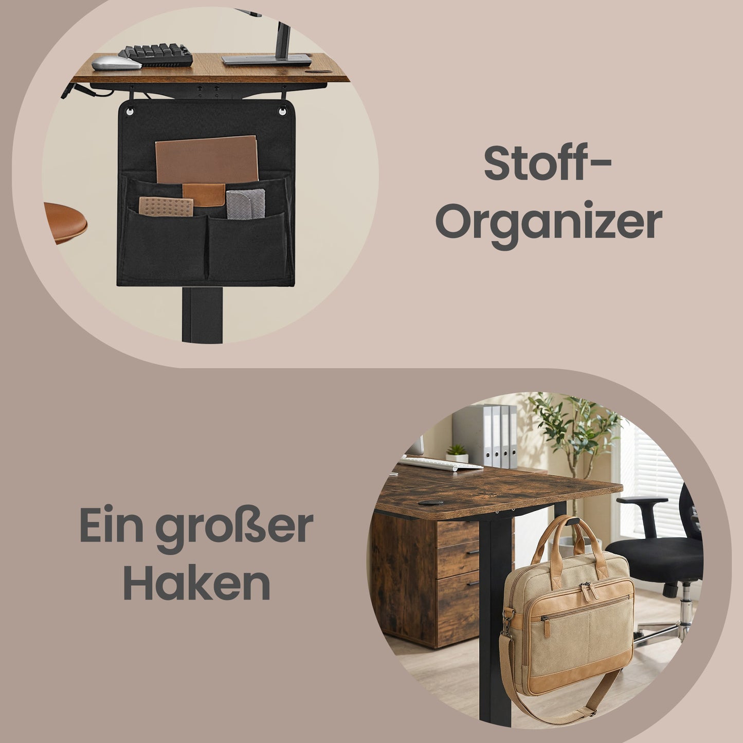 Höhenverstellbarer Schreibtisch elektrisch, 160 x 70 cm, Verstellbarer Tisch, Memory-Funktion für 4 Höhen, für Büro, tintenschwarz /vintagebraun
