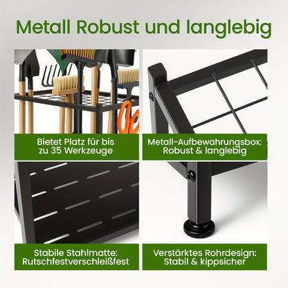 Gartengeräte-Organizer, Platz für 50+ Werkzeuge, Verstellbar und Kompakt zur Organisation Ihrer Garage/Gartenarbeit, mit praktischen Haken für Rechen, Besen usw., Langlebiger Metall-Geräteturm in Schwarz