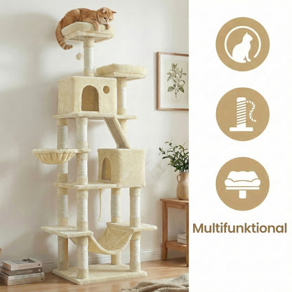 XXL Katzenklettergerüst 206 cm hoch einem Kippschutz, Kratzbaum Katzenbaum mit 13 Kratzsäulen, 2 Plattformen, 2 Höhlen, Korb, Hängematte, Plüschbälle,Stabiles Und Langlebiges ,Einfache Montage,für Wohnungskatzen die gerne klettern und hoch hinaus wollen