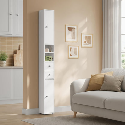 1 Stück Badezimmer-Schrank, schmales, hohes Badezimmer-Schrank mit Schubladen, Badezimmer-Möbel-Fächer, verstellbare Regale, Türen, weiß, MDF, 20 x 180 x 20 cm