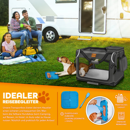 TRESKO® Hundebox faltbar inkl. Leckmatte, Spatel & Reflektoren | Transportbox für Hunde und Katzen | Hundetransportbox Auto für kleine, mittelgroße & große Hunde | Hundetasche für Zuhause Auto robust Anthrazit