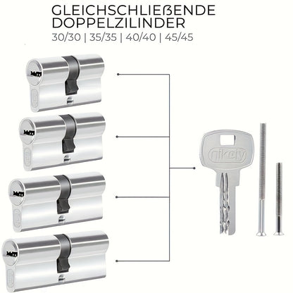 4er-Set Profilzylinder, Türschloss, Doppelzylinder, Knaufzylinder inklusive Schlüssel und Schrauben, 45/45, 35/35, 30/30