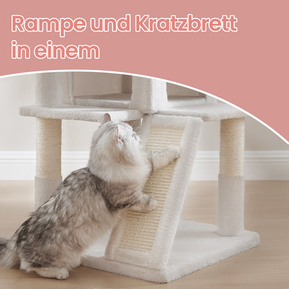Katzenklettergerüst klein 96 cm hoch einem Kippschutz，Kratzbaum, Katzenbaum mit großer Plattform, Kratzsäulen, Höhlen, Plüschbälle, Einfache Montage,geeignet für Hauskatzen, Kätzchen