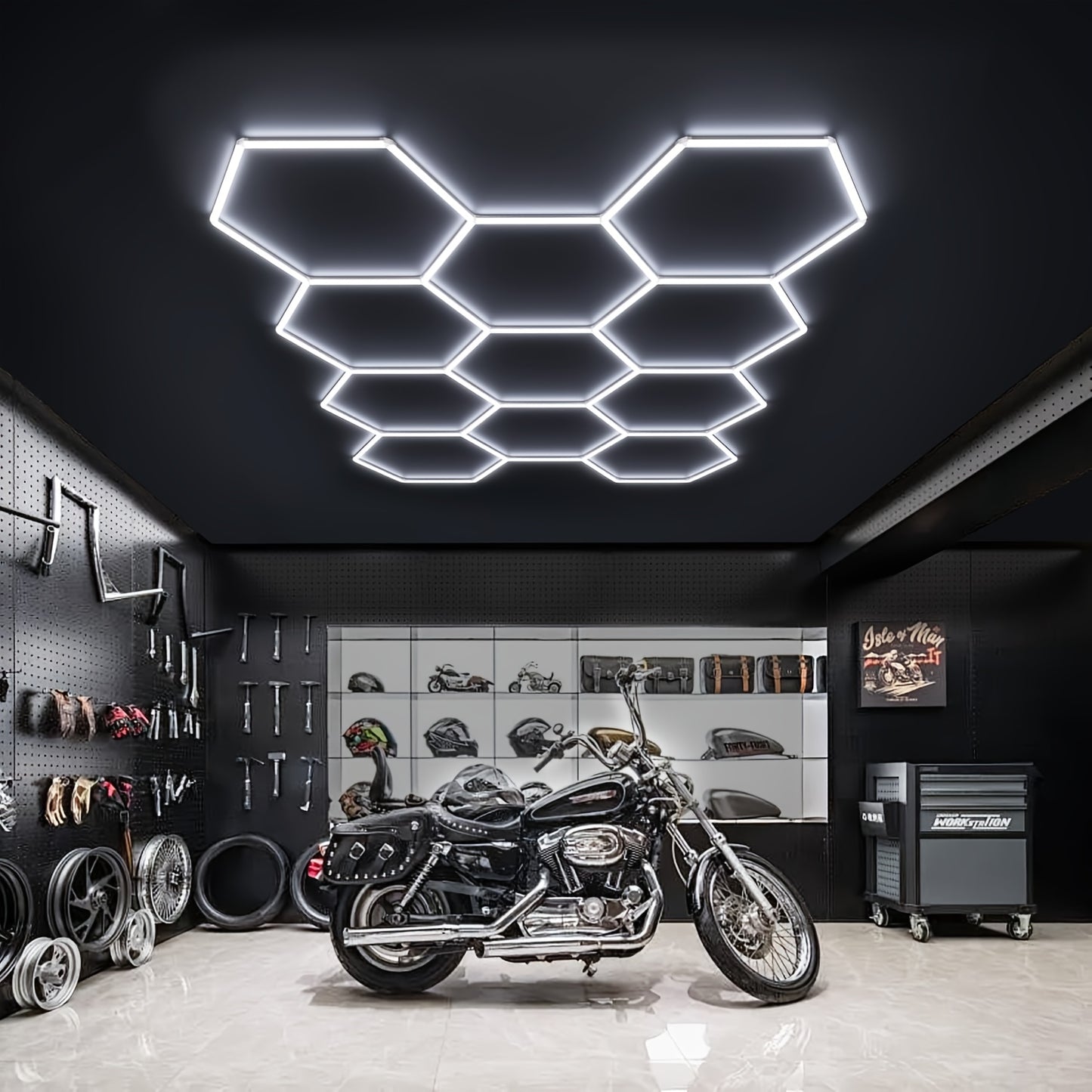 Hexagon-LED-Beleuchtungssystem | Honigwaben-Werkstattlicht | Deckenleuchte mit hexagonalem Design | Detaillicht für Autopflege, Zuhause, Ausstellungshallen, Friseure, Supermärkte, Fitnessstudios & Showrooms