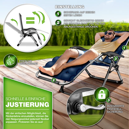 tillvex® Liegestuhl klappbar bis 200kg Sonnenliege Outdoor Gartenliege mit Kissen wetterfest Balkon, Garten & Terrasse Outdoor Liege verstellbar mit dickem Polster Relaxliege faltbar extra breit Nackenkissen Getränkehalter