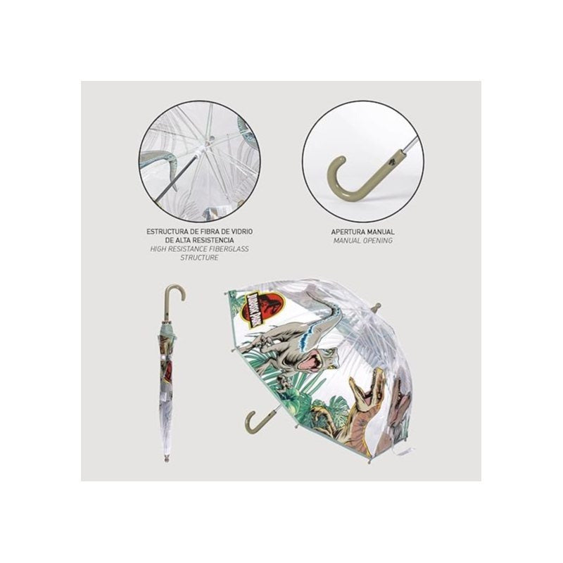 JURASSIC WORLD - Transparenter und Mehrfarbiger Unisex-Regenschirm mit Glockenform für Kinder DINOSAUREN T-REX